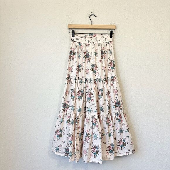 ANNA MASON Maxi Skirt Beige Floral Tiered Flare Cotton Peasant Fairy - Picture 2 of 11